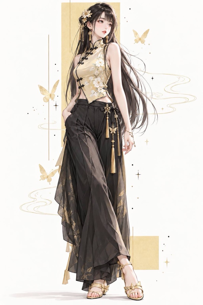 秋:金色蝴蝶環繞的女孩插畫