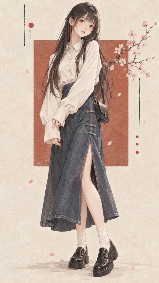 春:紅底櫻枝前的長髮女孩插畫