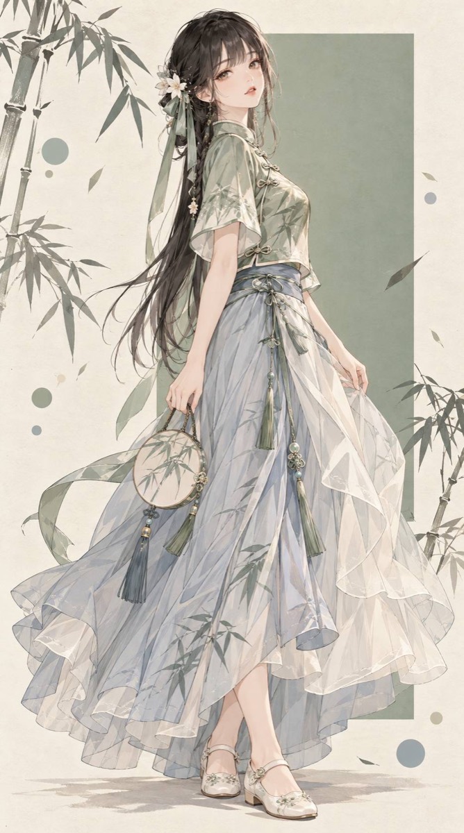 夏:竹林前的青衫女孩插畫