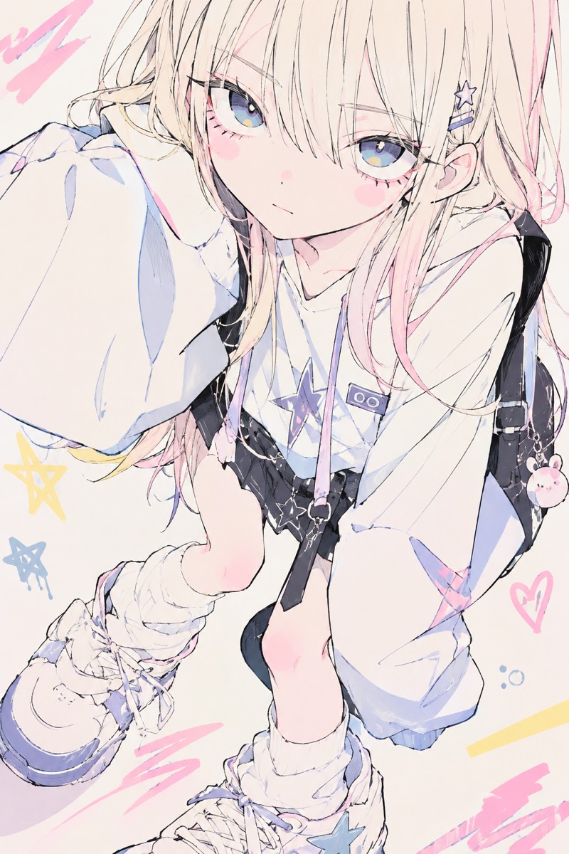蹲著的粉彩插畫女孩,四周塗著星星與愛心