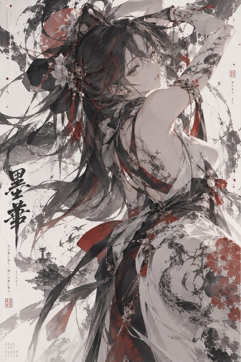 冬:墨色與朱紅的水墨風插畫